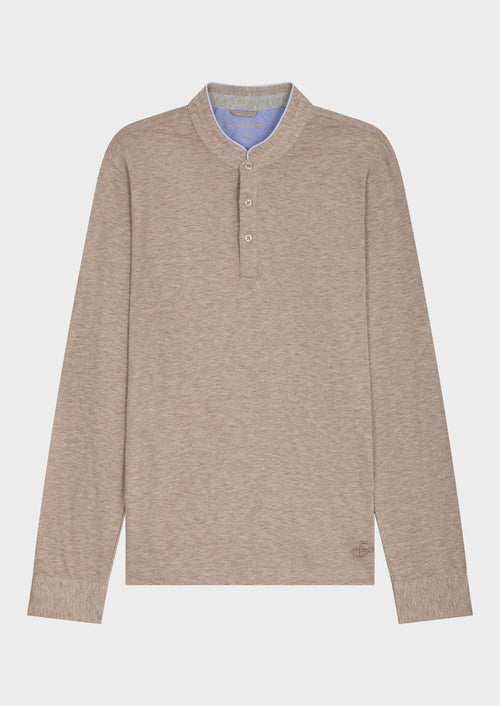 Polo manches longues Slim en coton mélangé beige à col officier - Father & Sons - 4