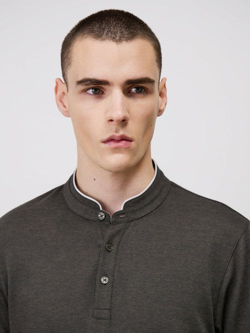 Polo manches longues Slim en coton olive à col officier - Father & Sons - 4