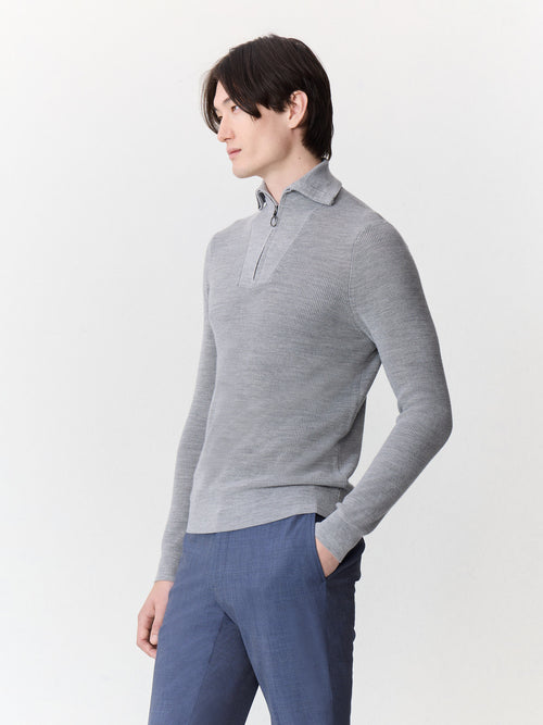 Pull col zippé en laine Mérinos mélangée grise - Father & Sons - 1