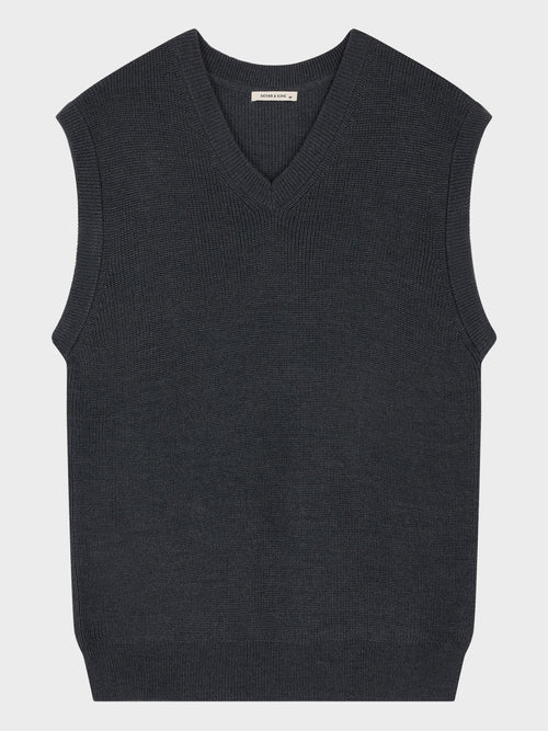 Pull col V sans manches en laine Mérinos mélangée anthracite - Father & Sons - 6