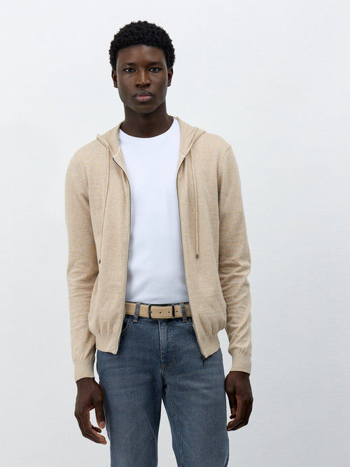 Gilet à capuche zippé en coton beige - Father & Sons - 1