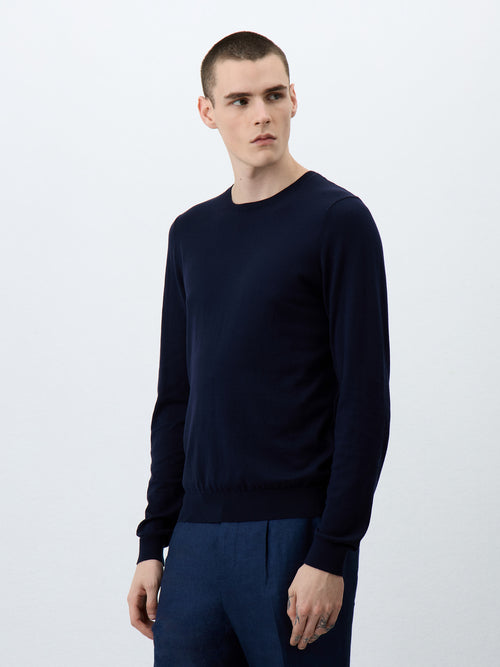 Pull col rond en coton et soie bleu marine - Father & Sons - 1