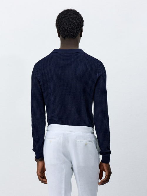 Pull col polo en coton et soie bleu marine - Father & Sons - 2