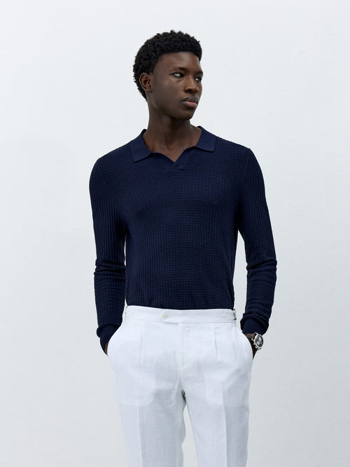 Pull col polo en coton et soie bleu marine - Father & Sons - 1