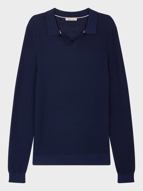 Pull col polo en coton et soie bleu marine - Father & Sons - 4