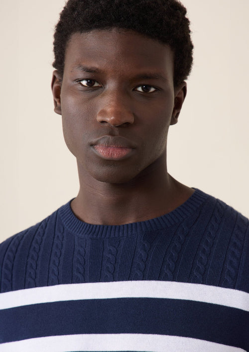 Pull col rond en coton bleu marine à rayures blanches - Father & Sons - 3