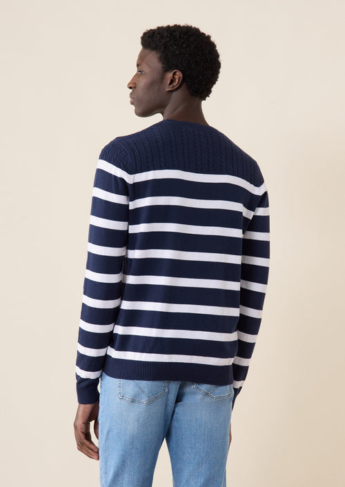 Pull col rond en coton bleu marine à rayures blanches - Father & Sons - 2