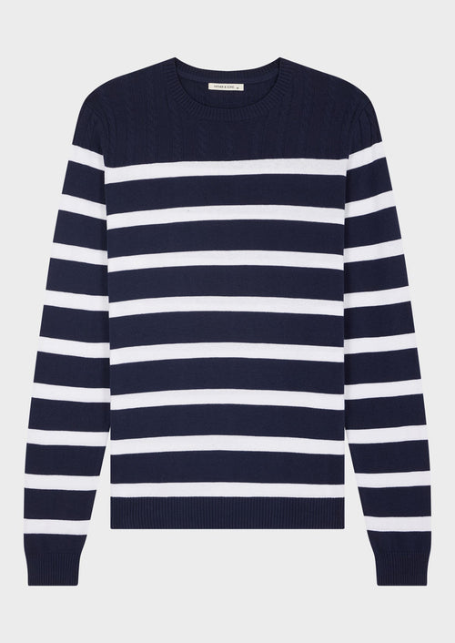 Pull col rond en coton bleu marine à rayures blanches - Father & Sons - 4