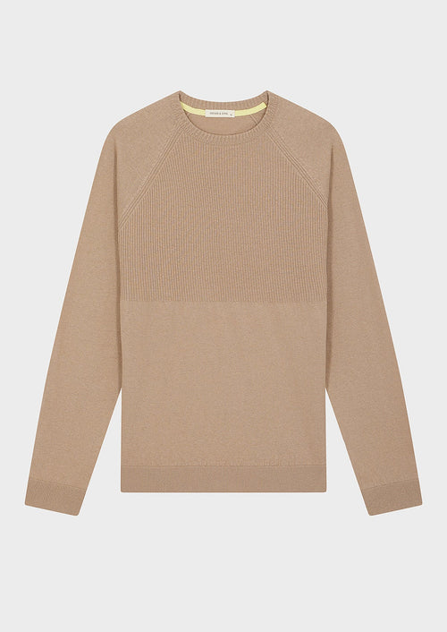 Pull col rond en coton et lin unis camel - Father & Sons - 1