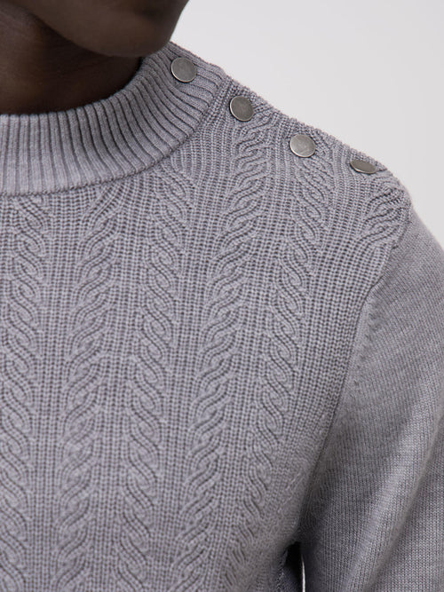 Pull col cheminée boutonné en laine Mérinos mélangée grise - Father & Sons - 3