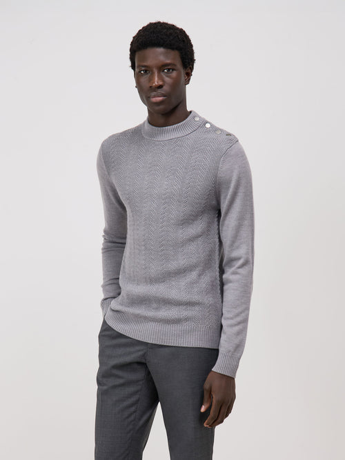 Pull col cheminée boutonné en laine Mérinos mélangée grise - Father & Sons - 1