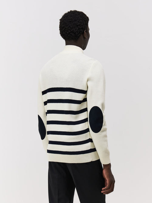 Pull col zippé en laine Mérinos mélangée blanche à rayures bleues - Father & Sons - 2
