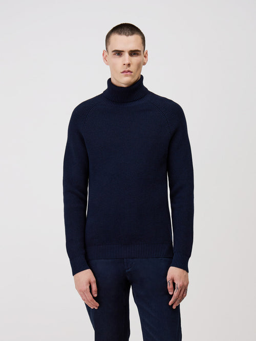 Pull col roulé en laine mélangée bleu indigo - Father & Sons - 1