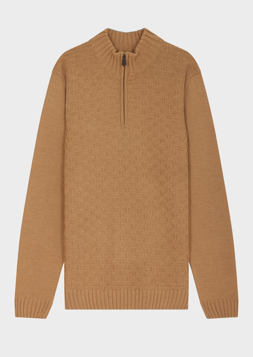 Pull col zippé en laine Mérinos mélangée marron - Father & Sons - 4