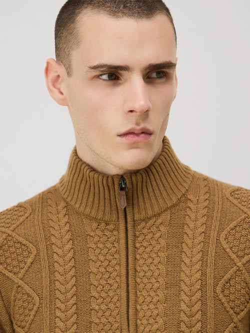 Pull col zippé en laine Mérinos mélangée marron - Father & Sons - 3
