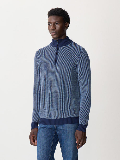 Pull col zippé en laine Mérinos mélangée bleu indigo - Father & Sons - 3