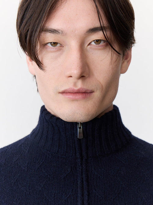 Pull col zippé en laine mélangée bleu marine - Father & Sons - 3