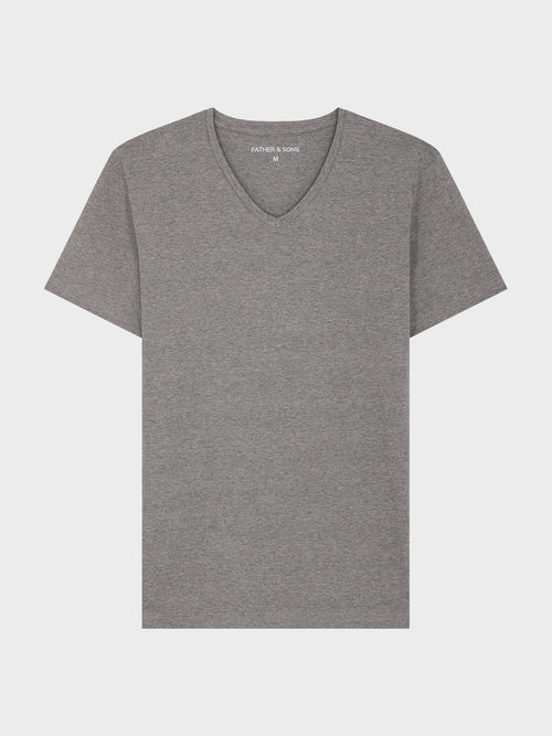 Tee-shirt manches courtes en coton stretch col V gris chiné - Father & Sons - 3