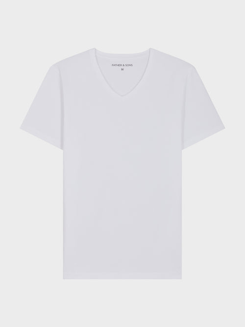 Tee-shirt manches courtes en coton stretch col V uni blanc - Father & Sons   -