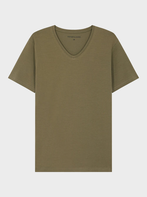 Tee-shirt manches courtes en coton stretch col V uni kaki - Father & Sons - 1