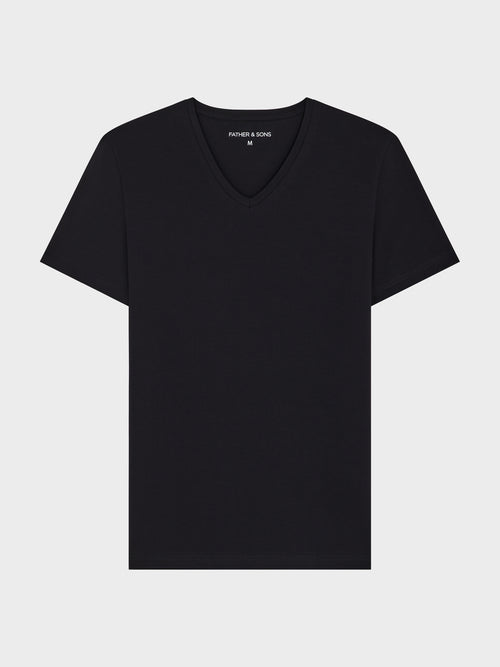 Tee-shirt manches courtes en coton stretch col V uni noir - Father & Sons - 1