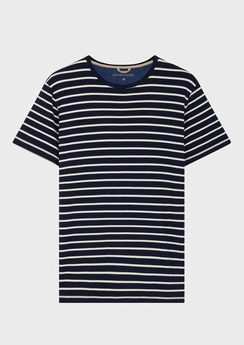 Tee-shirt manches courtes en coton stretch col rond bleu marine à rayures blanches - Father & Sons - 1