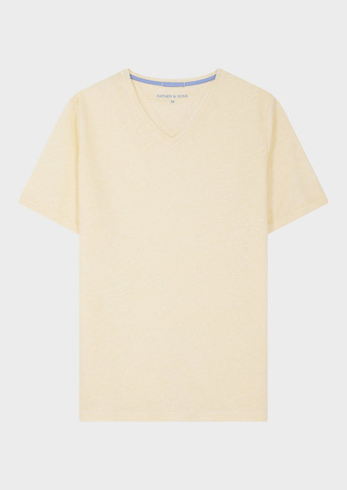 Tee-shirt manches courtes en lin col V uni jaune - Father & Sons - 1