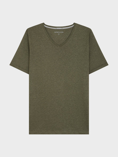Tee-shirt manches courtes en lin col V uni kaki - Father & Sons - 1