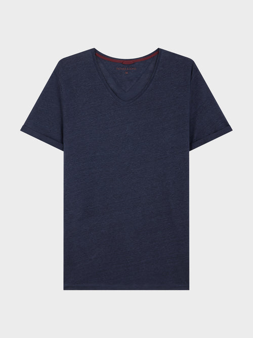 Tee-shirt manches courtes en lin col V uni bleu marine - Father & Sons - 1
