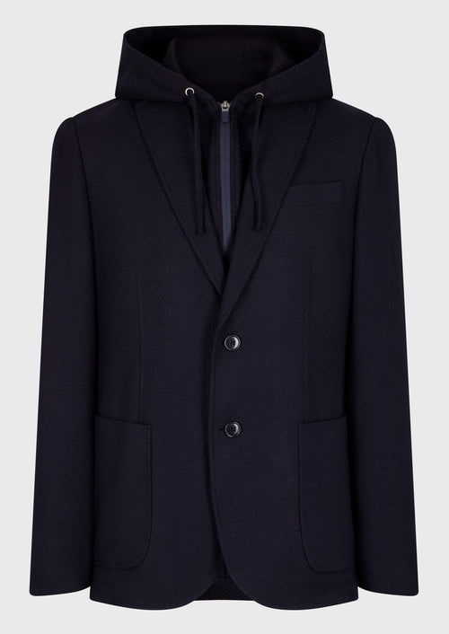 Veste casual Regular en coton bio et polyamide recyclé unis bleu marine à parementure capuche - Father & Sons - 1