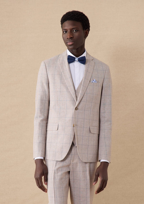Veste coordonnable Slim en coton et lin beiges Prince de Galles - Father & Sons - 1