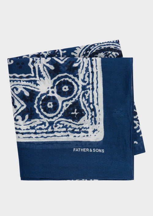 Bandana en coton bleu jeans à motif fantaisie blanc - 1 - Father & Sons   - 3 