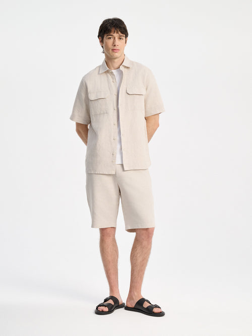 Bermuda coordonnable regular en lin et coton beiges - Father & Sons   - 5 