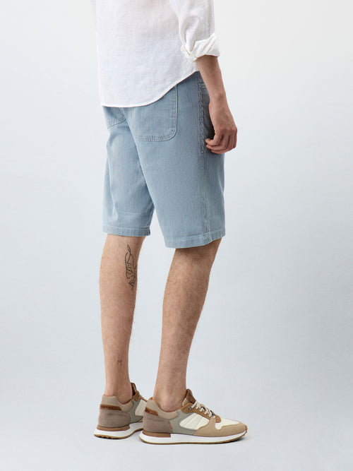 Bermuda en coton stretch bleu indigo à rayures - 2 - Father & Sons   - 19 