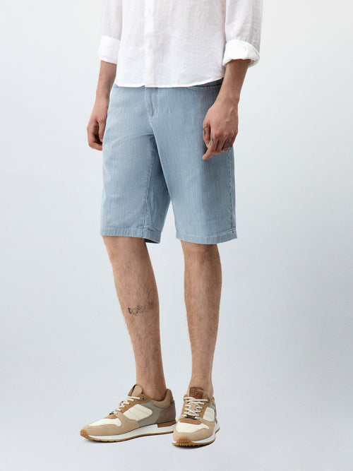 Bermuda en coton stretch bleu indigo à rayures - 1 - Father & Sons   - 19 