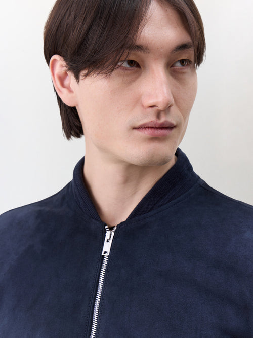 Blouson Teddy en cuir nubuck bleu marine - Father & Sons   - 3 