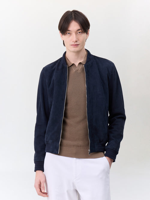 Blouson Teddy en cuir nubuck bleu marine - 1 - Father & Sons   - 9 