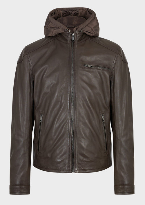 Blouson en cuir uni chocolat à capuche amovible - 1 - Father & Sons   - 5 