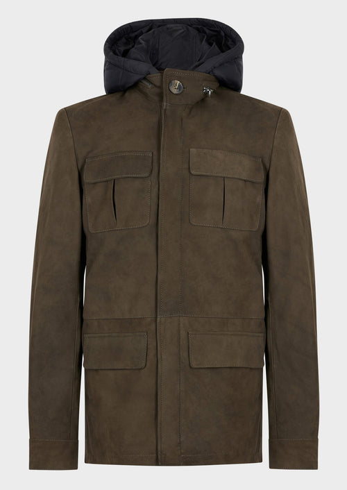 Parka en cuir nubuck uni kaki à capuche amovible - 1 - Father & Sons   - 15 