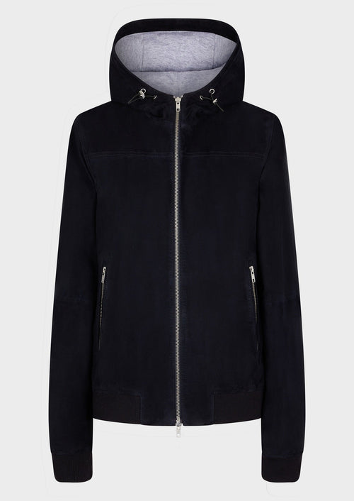 Blouson en cuir nubuck uni bleu marine à capuche - 1 - Father & Sons   - 4 