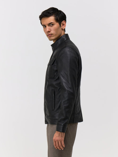 Blouson en cuir noir à parementure amovible - Father & Sons   - 4 