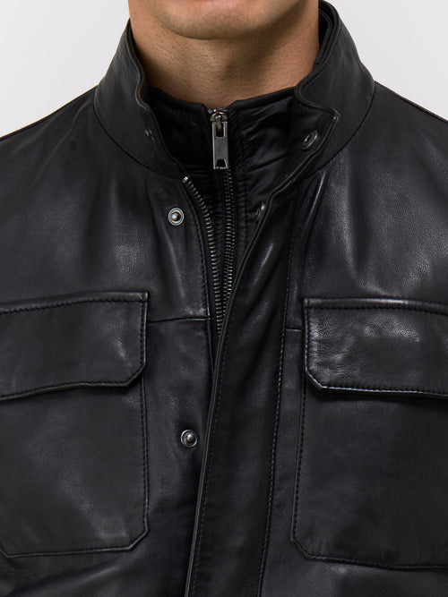 Blouson en cuir noir à parementure amovible - Father & Sons   - 3 