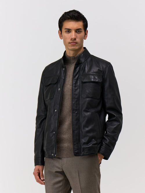 Blouson en cuir noir à parementure amovible - 1 - Father & Sons   - 11 