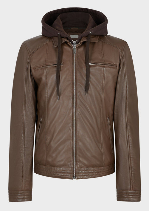 Blouson en cuir uni taupe à capuche amovible - 1 - Father & Sons   - 6 