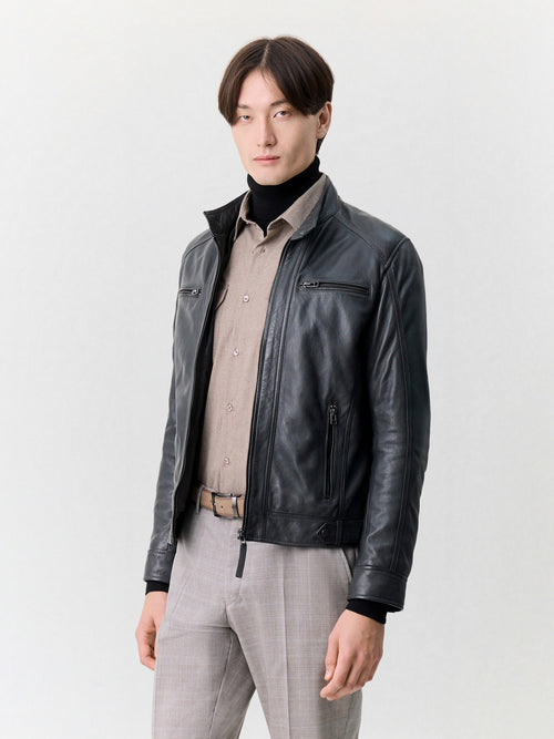 Blouson en cuir anthracite à capuche amovible - 1 - Father & Sons   - 9 