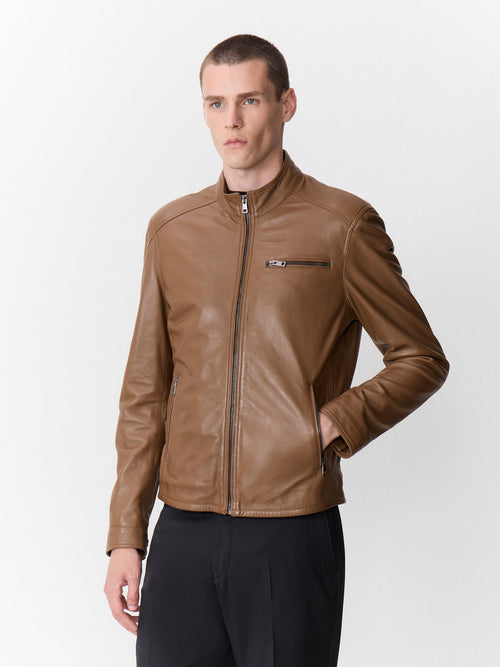 Blouson en cuir camel à capuche amovible - 1 - Father & Sons   - 14 