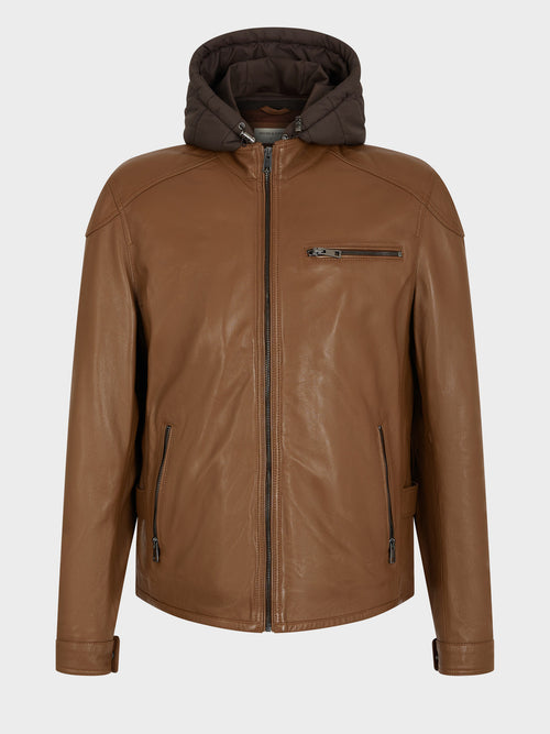 Blouson en cuir camel à capuche amovible - 1 - Father & Sons   - 10 