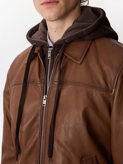 Blouson en cuir camel à capuche amovible - Father & Sons   - 4 