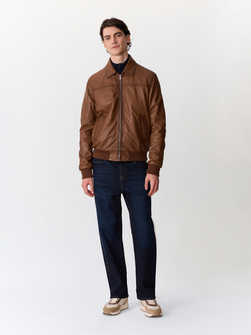 Blouson en cuir camel à capuche amovible - Father & Sons   - 5 