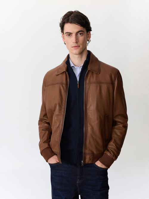 Blouson en cuir camel à capuche amovible - Father & Sons   - 1 